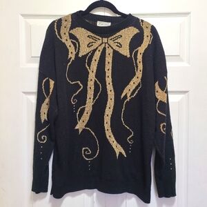 Vintage 80s Jane Adams Sweater Womens Black Metallic Ribbon‎ Bow USA